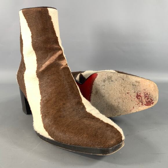 LOUBOUTIN Size 9 Brown Cream Stripe Leather Zip up heel Boots main image 4